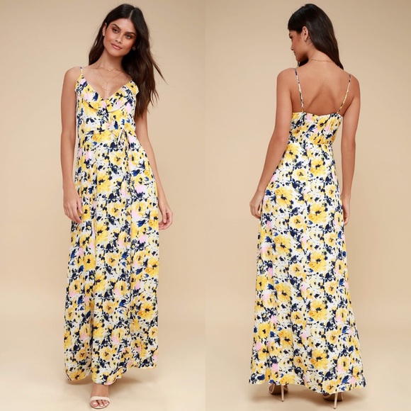 Lulu's Berryessa Yellow Floral Print Sleeveless Maxi Dress S NWT